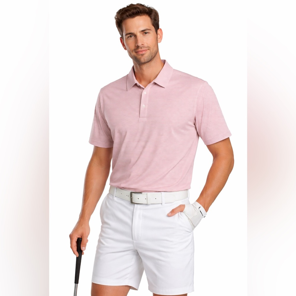 01.Algo Performance Polo Shirt Men’s XL Pink Striped Golf Athletic UPF 40